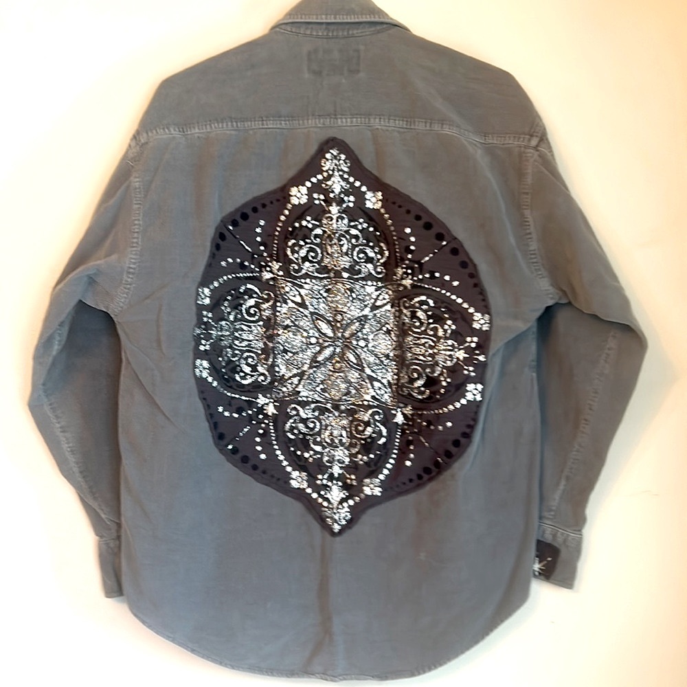 Upcycled glitter star patched Arizona jean company grey corduroy cotton shirt